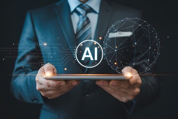Businessman holding a tablet with ai technology overlay representing innovation and future of business.