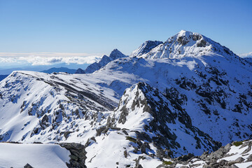 槍ヶ岳から南岳への積雪した登山道