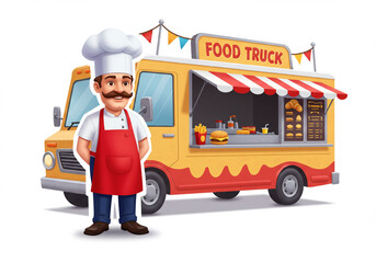 Cartoon Chef with Food Truck Illustration Yellow