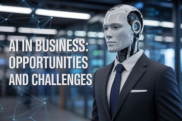 Sophisticated robotic figure in business suit symbolizing ai opportunities and challenges in modern industry