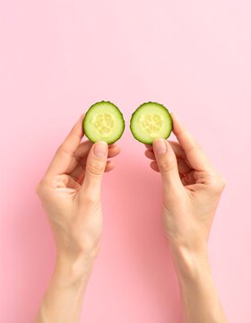 Hands holding cucumber slices on pink background