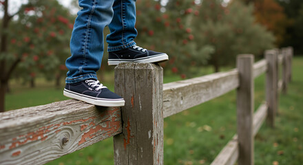 Child balancing on wooden fence in orchard for playful childhood content