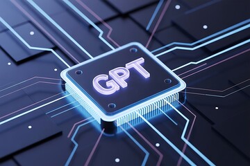 Futuristic ai technology close-up showing gpt chip and glowing circuits representing advanced artificial intelligence concepts