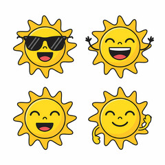 A collection of four cute cartoon sun characters with various happy expressions and poses on a white background.