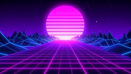 A vibrant, retro-futuristic road stretches into a starlit night, a large stylized sun sets on a landscape