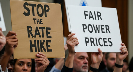 Close-up of a diverse group of hands holding signs at a utility commission hearing. Signs read "STOP THE RATE HIKE" and "FAIR POWER PRICES." 