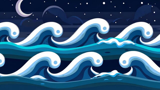 Night Waves: A tranquil illustration of ocean waves gracefully cresting under a serene night sky with a crescent moon and star.