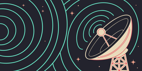 Illustration of a satellite dish transmitting signals with stars and concentric circles in the background