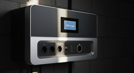 Obraz premium modern home battery system mounted on a garage wall