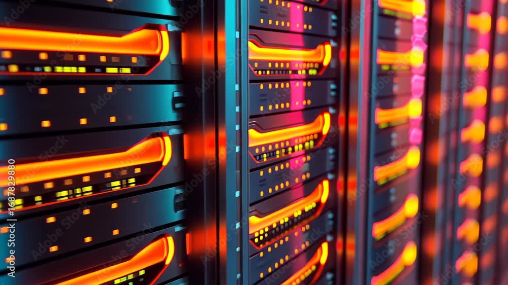 Aufkleber data center infrastructure: this image captures a close-up view of a cutting-edge data center, highl