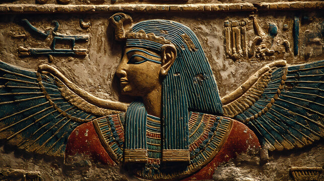 Ancient Egyptian goddess Isis depicted in hieroglyphic relief, a symbol of magic, motherhood, and healing