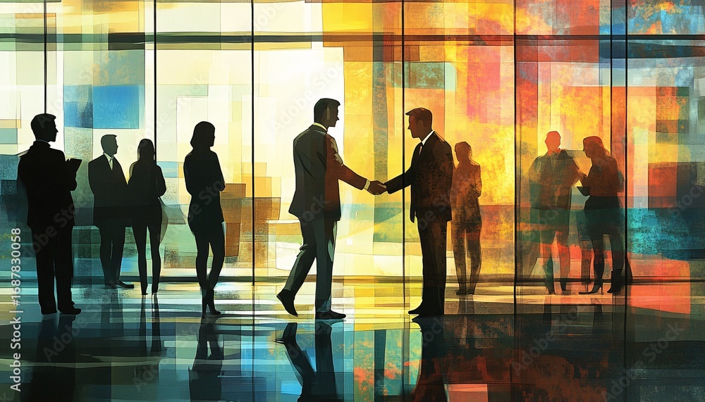 Poster Two businessmen are shaking hands in front of a group of colleagues near a large window with an abstract background.