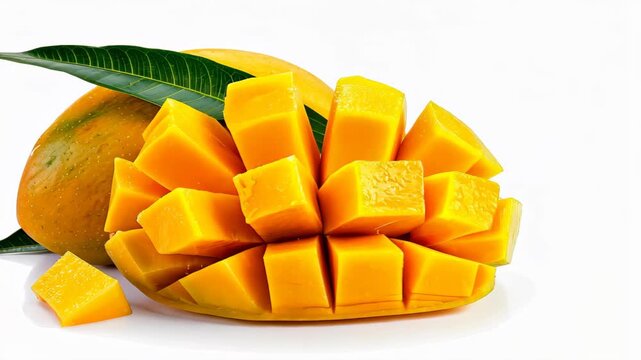 Mango Majesty: A vibrantly colored, meticulously cut mango, boasting a cascade of perfectly arranged cubes and an uncut whole mango and leaf.