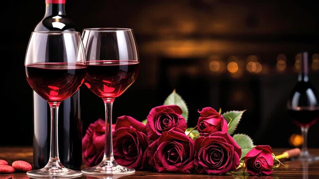 A Romantic Rendezvous: A captivating still life featuring a full bottle, glasses of ruby red wine, and a bouquet of velvety roses on a table, set against a blurred background.