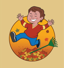A young boy jumps into a pile of leaves.