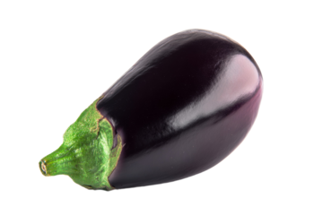 Fresh whole eggplant with glossy purple skin and green stem on white background