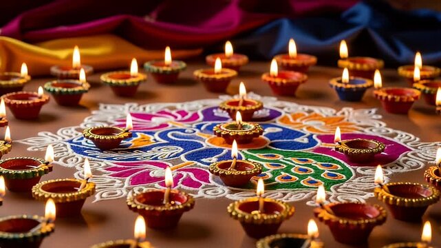 Diwali Celebration with Glowing Clay Oil Lamps Arranged Around a Colorful Peacock Rangoli on a Brown Surface with Dark Silk Fabric