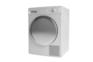 A white dryer with a silver door