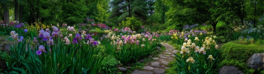 Fototapeta premium Vibrant flower blooming path botanical garden landscape photography lush green environment wide angle view nature's beauty