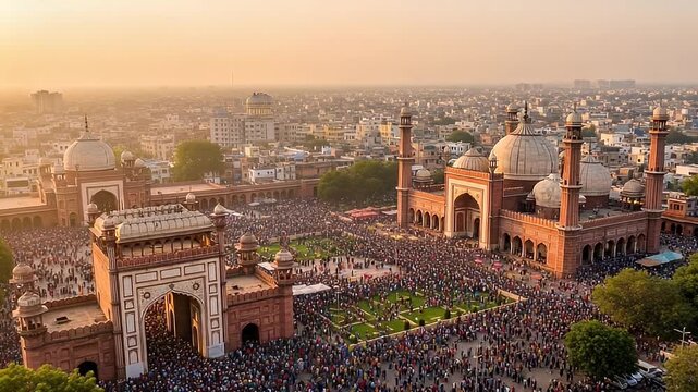Aerial View of Red Brick Mosque Surrounded By Large Crowd Of People and Buildings During Sunset in Lahore Pakistan
