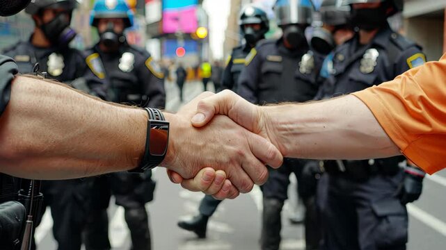Handshake in Conflict: A poignant image captures a handshake between two individuals, symbolizing unity and dialogue against the backdrop of a tense situation.