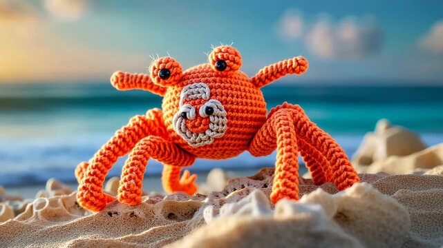 Cute Crochet Crab on Beach: A vibrantly orange, handcrafted crochet crab with endearing eyes and intricate detail rests on the sandy shore with gentle waves, capturing the essence of coastal charm.