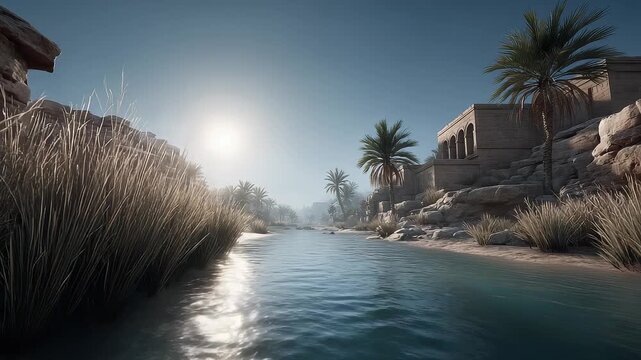 Desert Oasis River Landscape Architecture and Palm Trees Intertwine