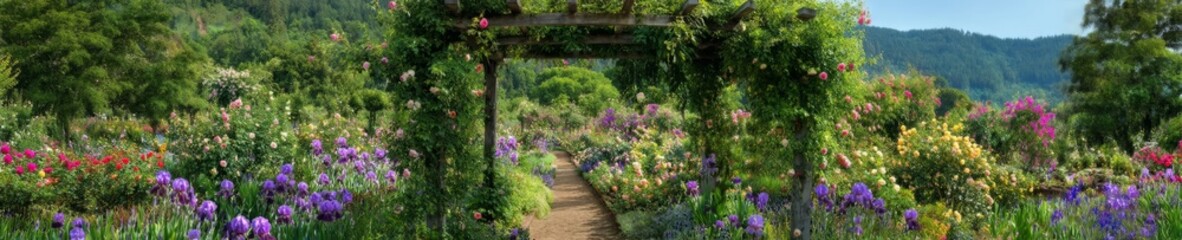 Blooming flowers in a serene garden pathway nature retreat landscape photography tranquil environment wide-angle view