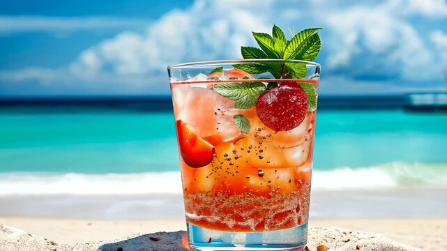Tropical Refresher: A refreshing cocktail, adorned with vibrant berries and fresh mint leaves, offers a cool escape against the backdrop of a tropical beach.