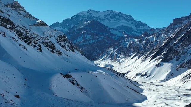 Portillo, ski in chile on a sunny day with lots of snow. South America. Aerial view.