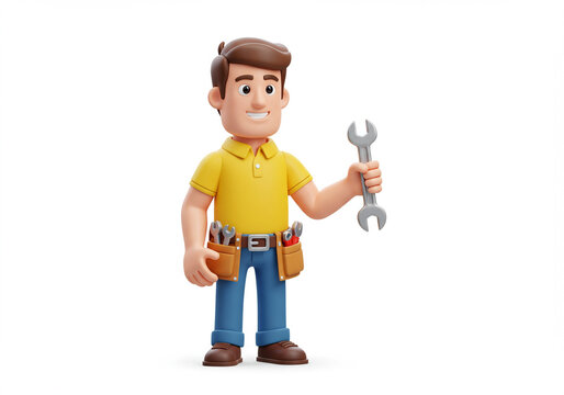 cartoon plumber holding wrench on white background