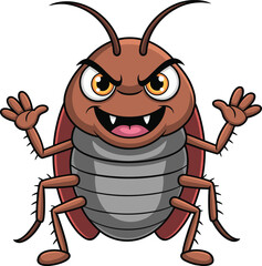 Angry cartoon cockroach, aggressive insect character, funny bug mascot, pest control concept, vector illustration, isolated, detailed design, expressive face, humorous animal art