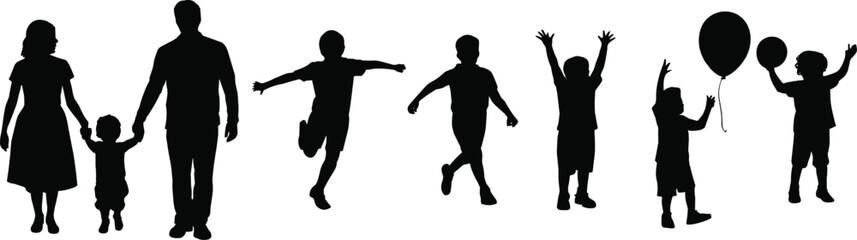 Family and children silhouettes, parents with kids holding hands, playful group with balloons, joyful childhood moments, CAD drawing flat vector illustration, black and white design