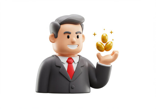 cartoon businessman presentating glowing golden coins 3d
