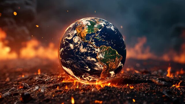Planet Earth in Peril: A dramatic depiction of the Earth engulfed in flames, symbolizing the severe consequences of climate change and environmental destruction.