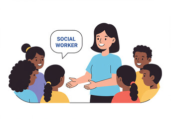 Smiling Social Worker Talking with Group Illustration