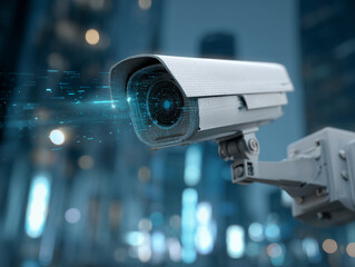 Futuristic CCTV Camera with Multiple Glowing Lenses, AI Security Concept