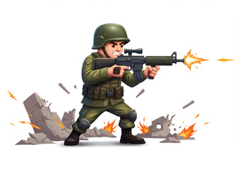 Cartoon Soldier Shooting with Assault Rifle Illustration
