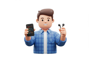 programmer showing code on phone with headphones