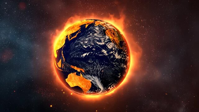 Burning Earth: A visualization of a fiery, scorching Earth, engulfed in flames, representing the dire consequences of climate change.