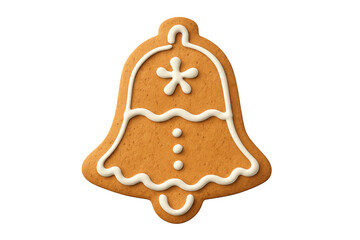 Christmas bell shaped gingerbread cookie with white icing decoration on transparent background