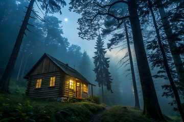 Cozy log cabin nestled in a mystical foggy forest at twilight