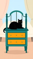 Black cat on teal nightstand