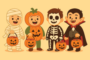 Happy halloween kids in classic costumes holding treat bags