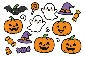 Cute halloween icons bat pumpkin ghost witch hat candy symbols