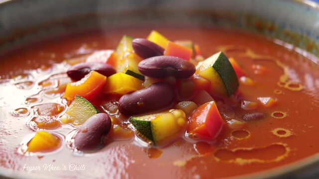 Close up shot of vibrant vegetable soup with beans and colorful vegetables