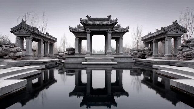 Tranquil Chinese Courtyard Water Reflection Architecture
