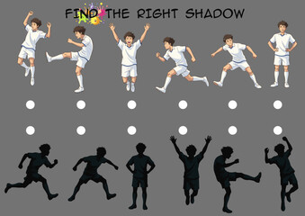 Animated children playing soccer and finding the right shadow concept  