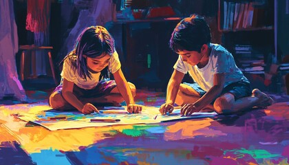 Two children are sitting on the floor, engrossed in collaborative drawing with colorful crayons on a large sheet of paper.