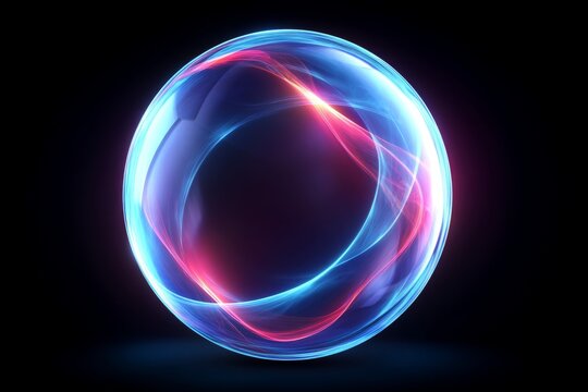 Glowing neon sphere with vivid light trails on black background - Powered by Adobe